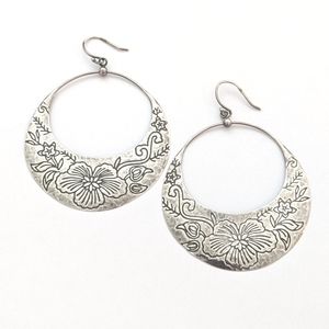 Silpada Sterling Silver Hammered Etched Flower Basket Dangle Hoop Earrings W2378
